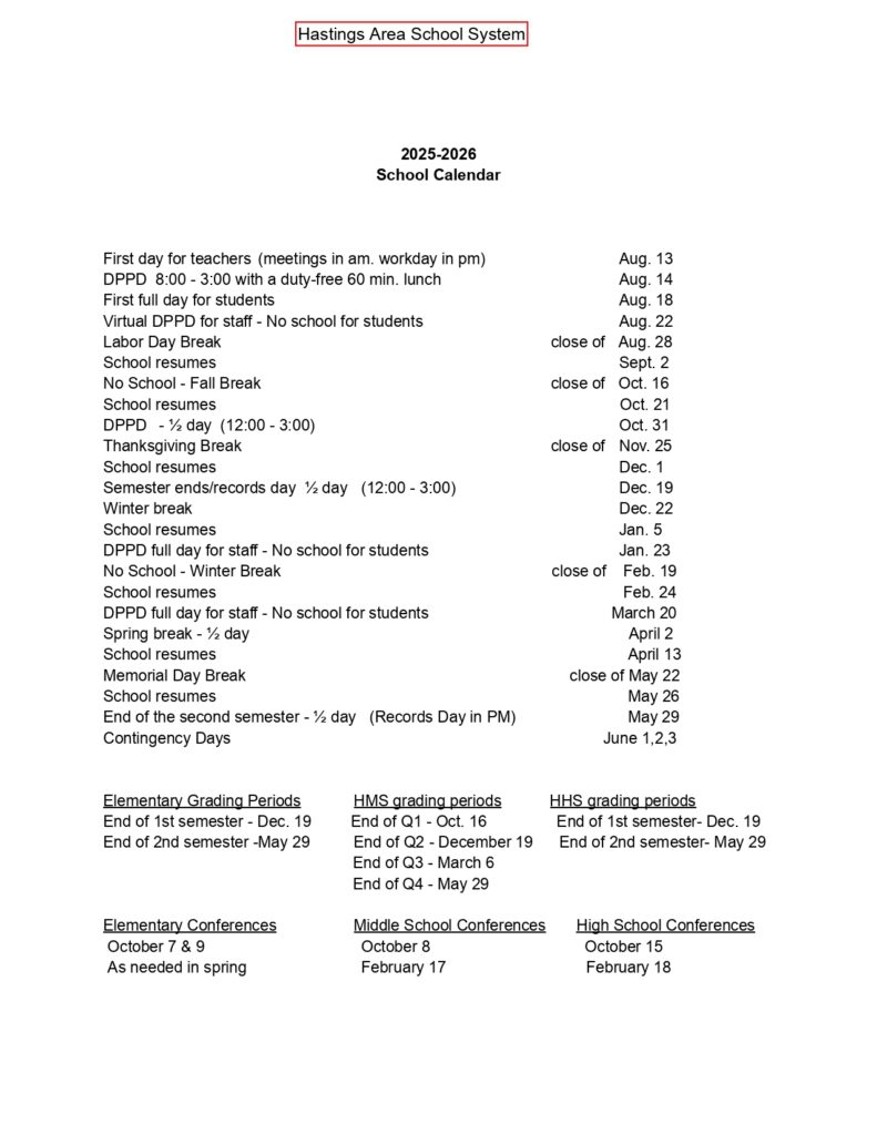 Hastings Area School System,25-26 calendar