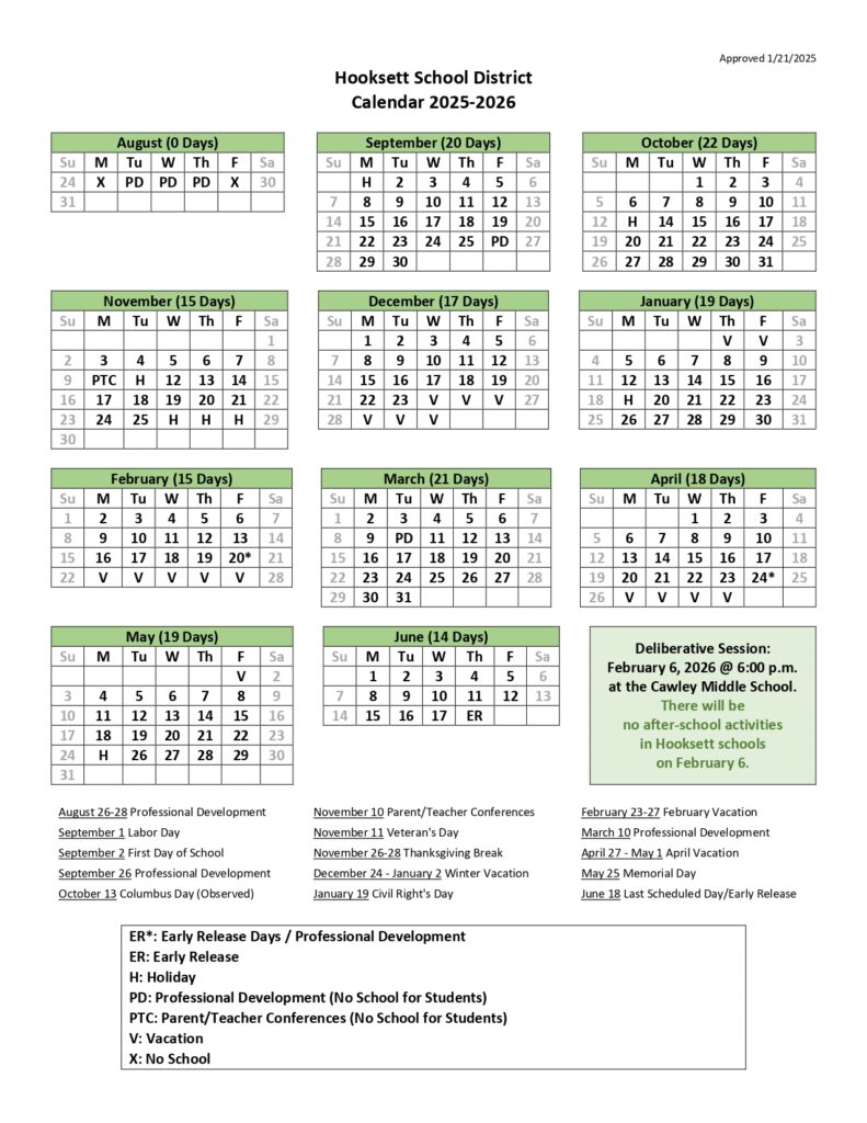 Hooksett School District nh calendar