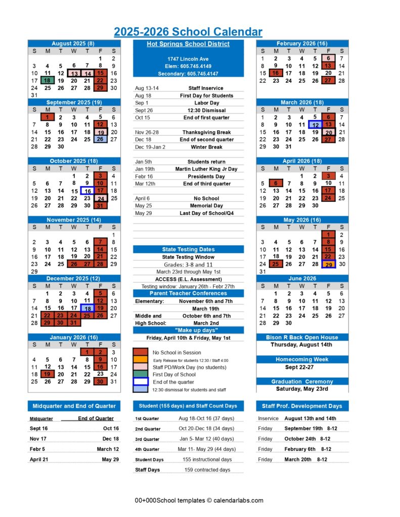 Hot Springs School District calendar
