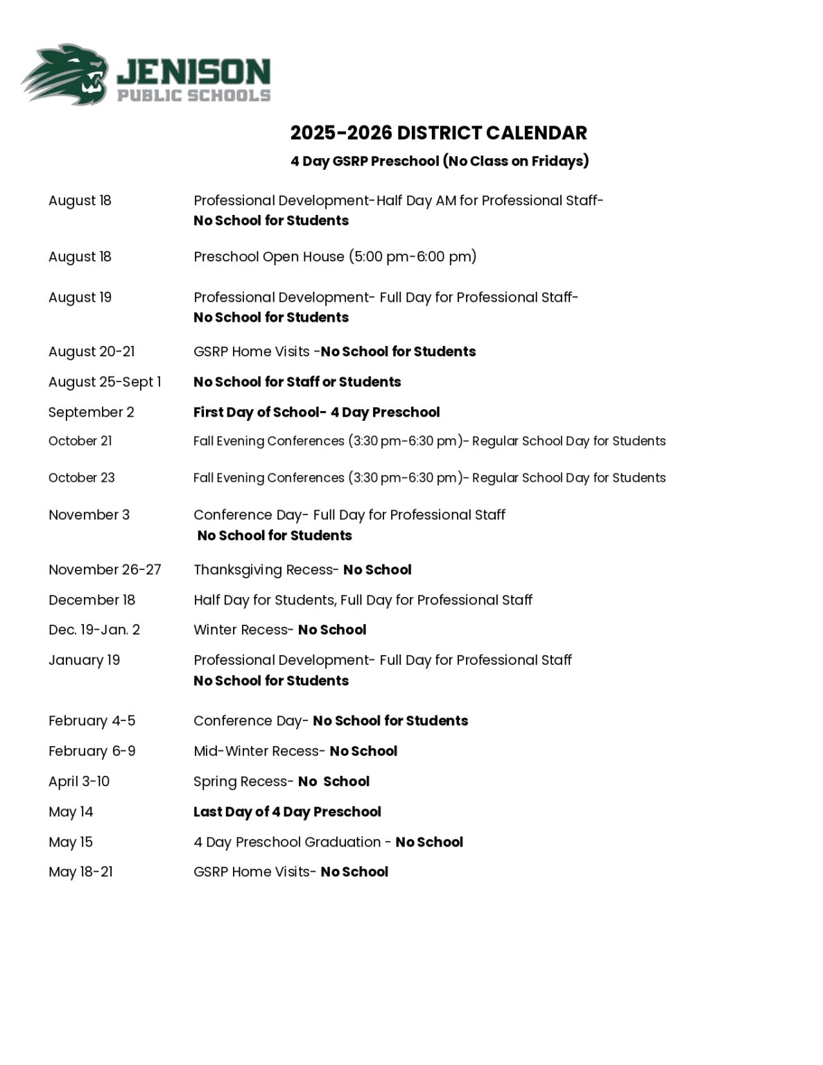 Jenison Public Schools MI Calendar 25 26 Revised pdf EduCounty