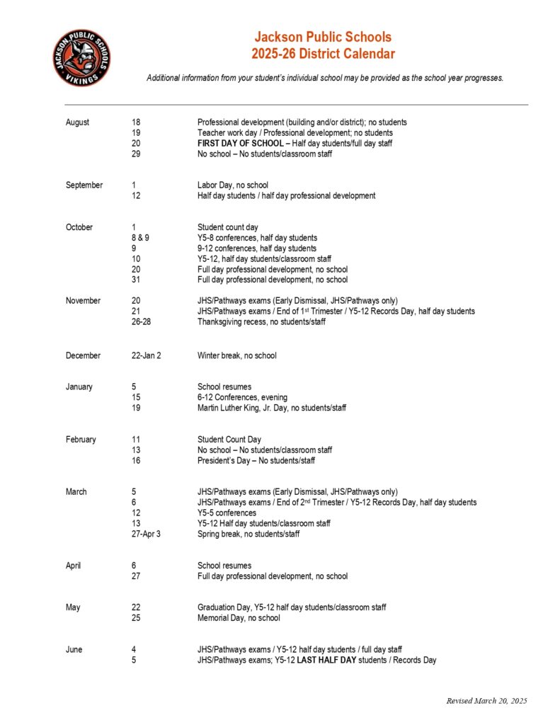 Jackson Public Schools calendar