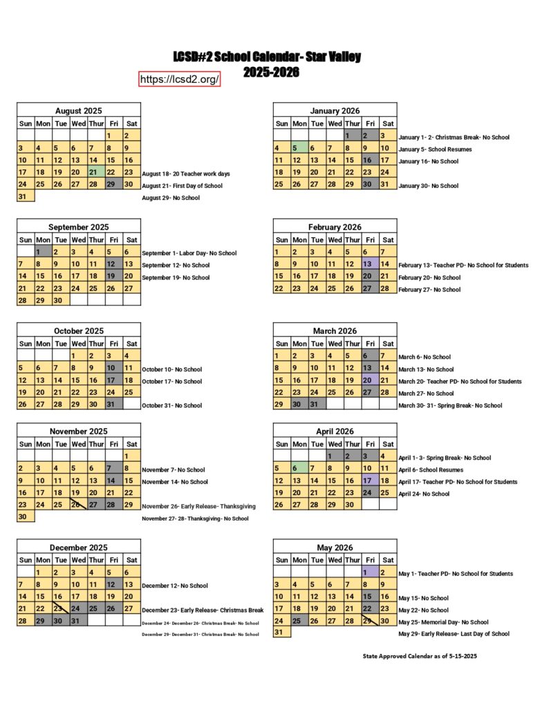 LCSD#2 School Calendar-Star Valley