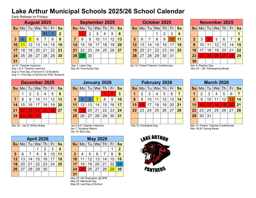 Lake Arthur Schools calendar