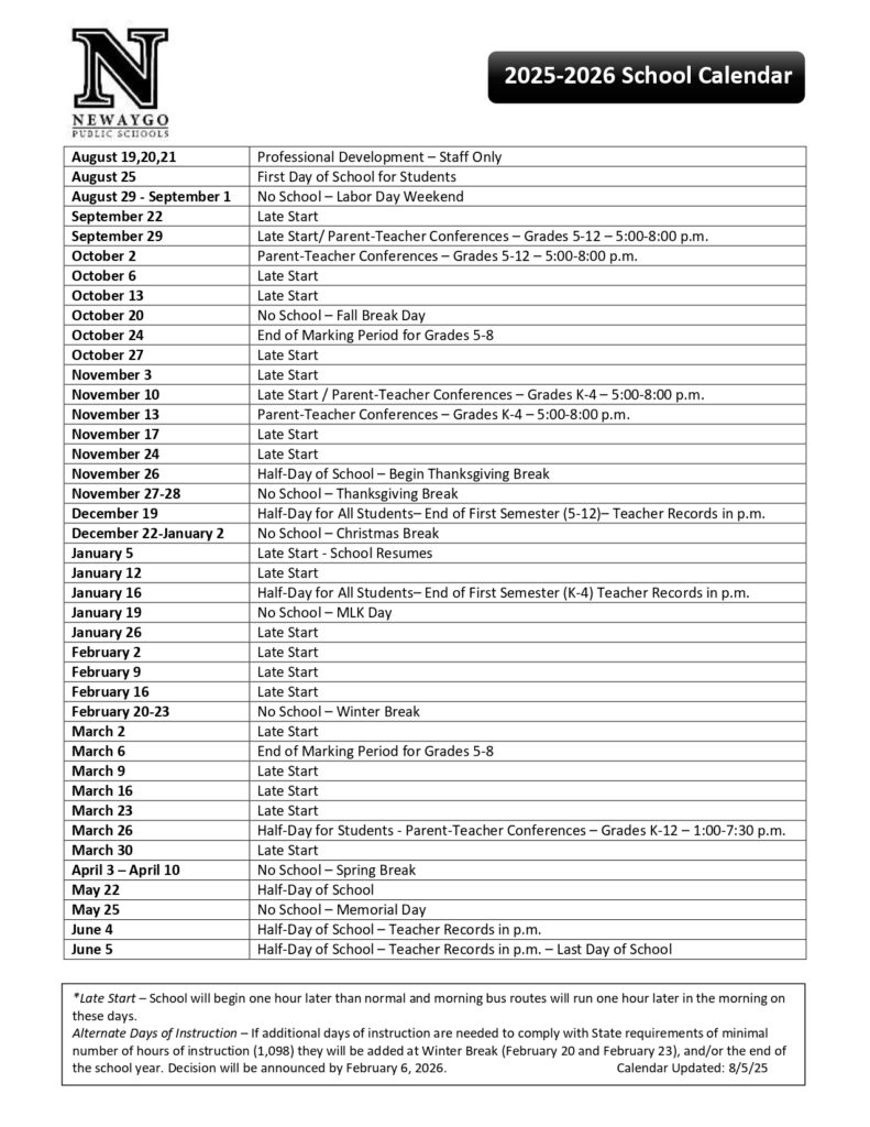 Newaygo Public Schools calendar