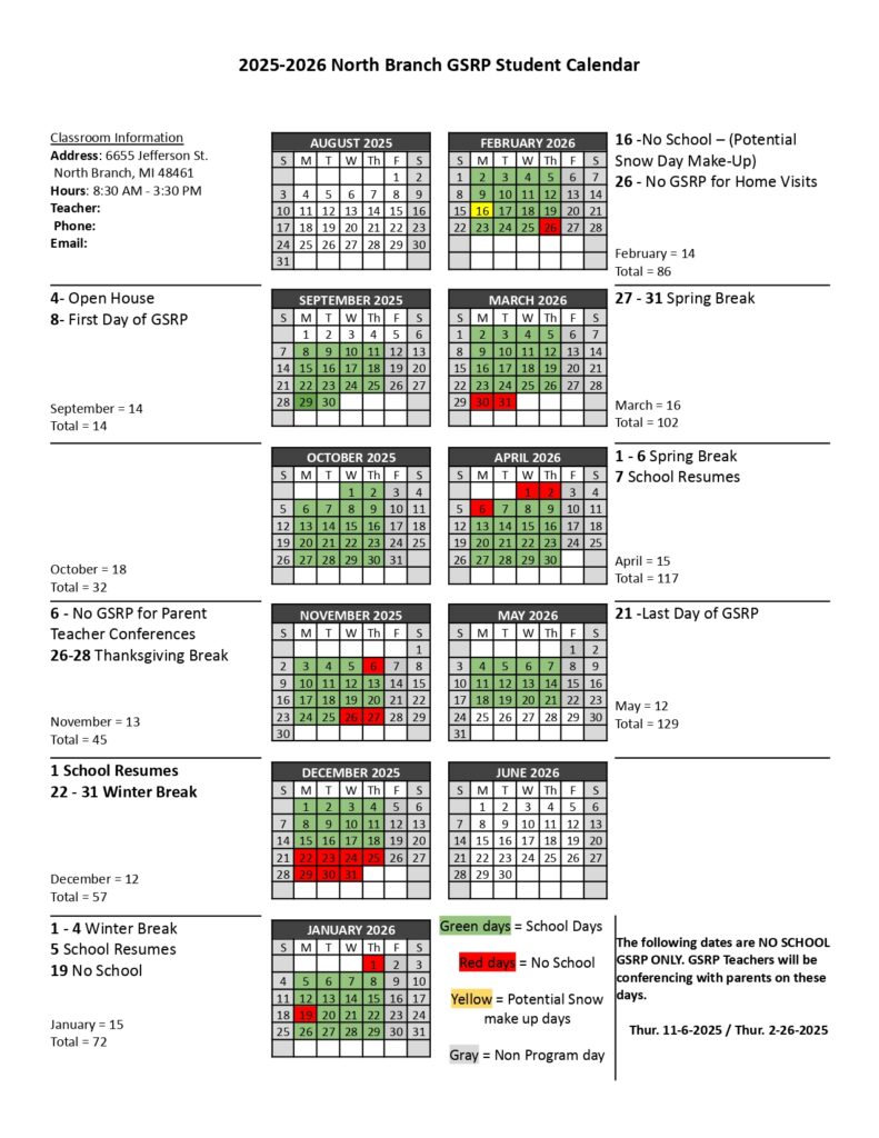 GSRP - North Branch Area School District calendar