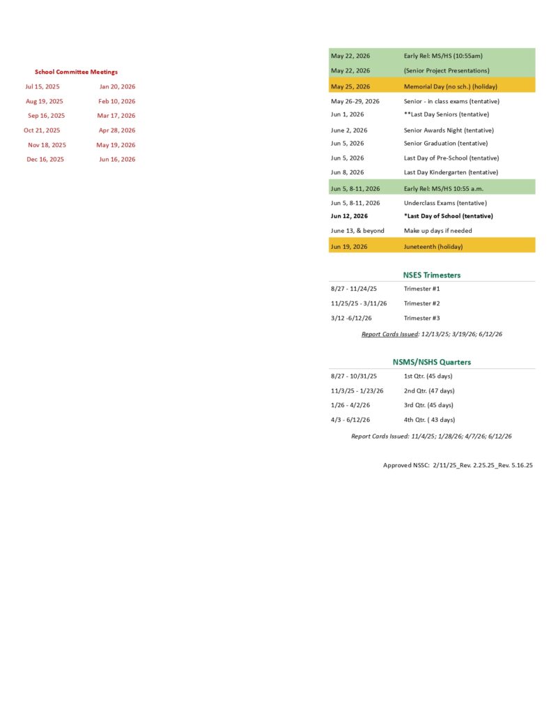North Smithfield Public Schools ri Calendar 25 26 Revised pdf EduCounty