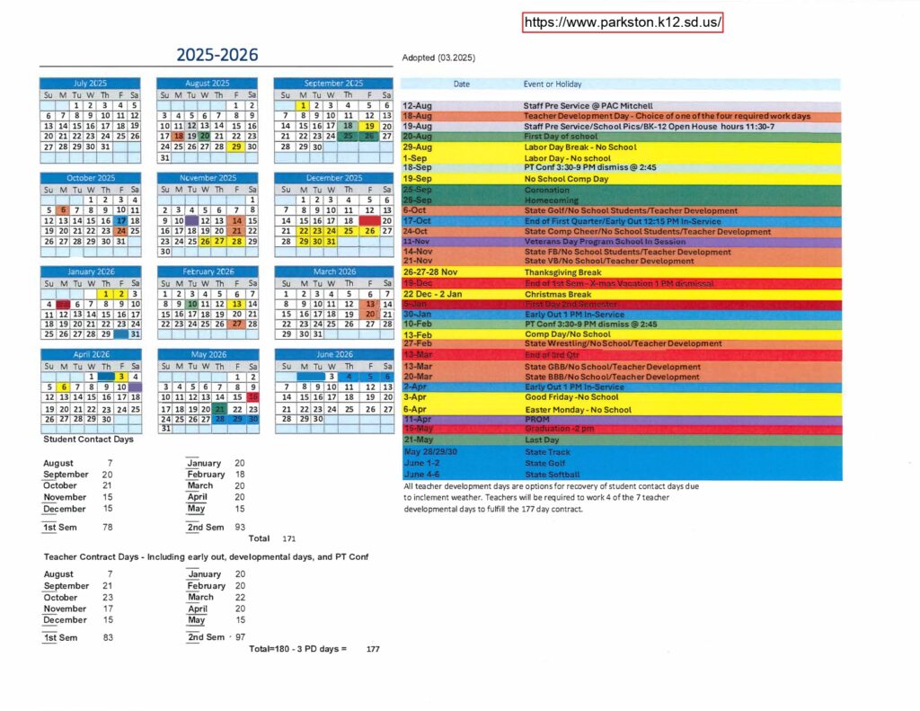 Parkston School District sd calendar