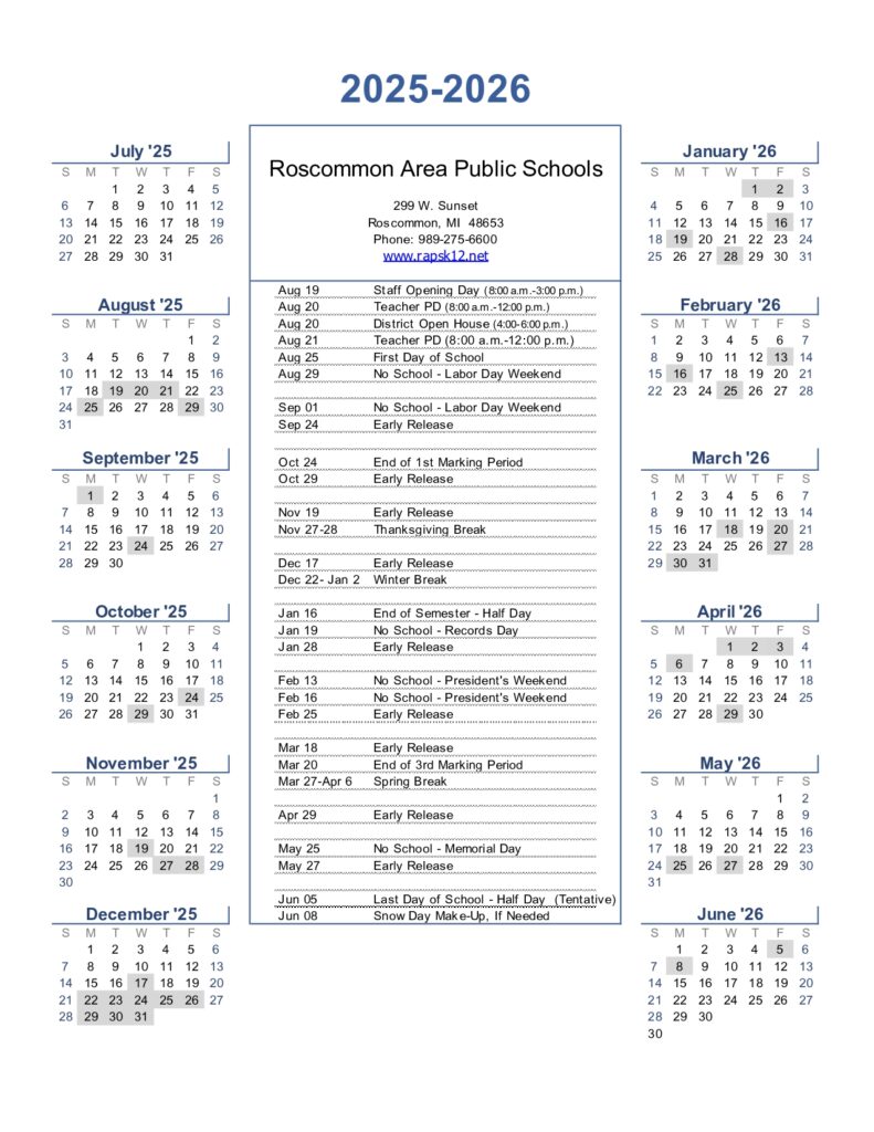 Roscommon Area Public Schools calendar