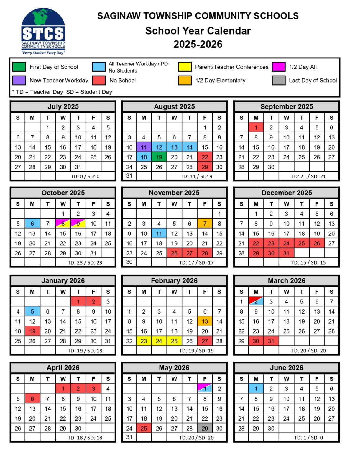 Saginaw Township Community Schools MI Calendar 25 26 Revised EduCounty