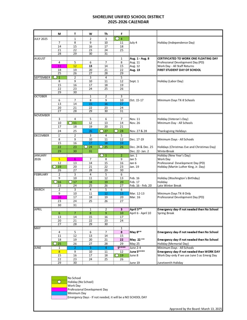 Shoreline Unified School District 25-26 calendar