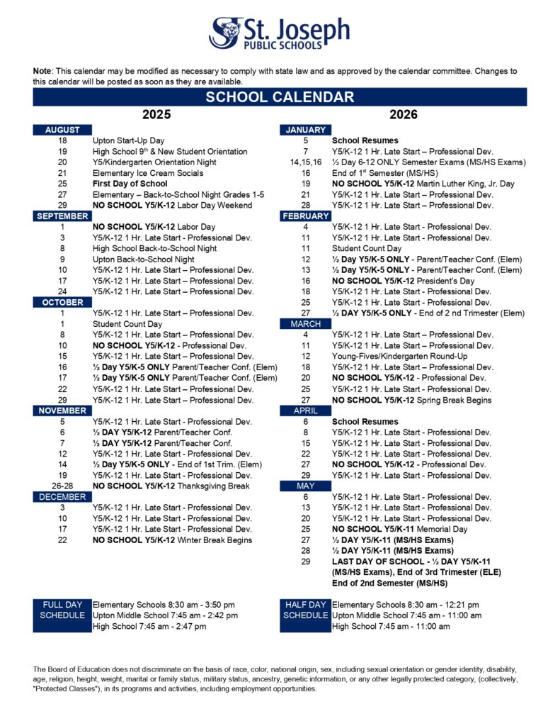 St. Joseph Public Schools 25-26 calendar