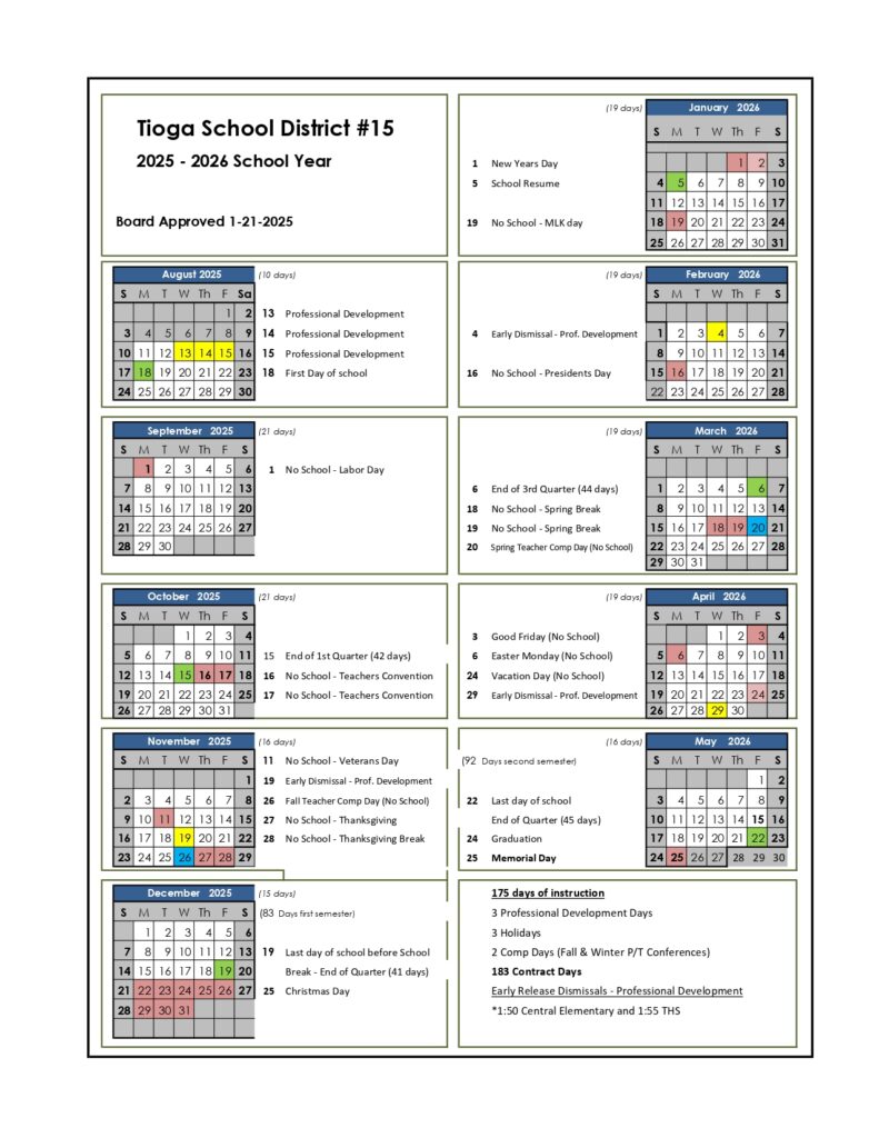 Tioga School District nd calendar