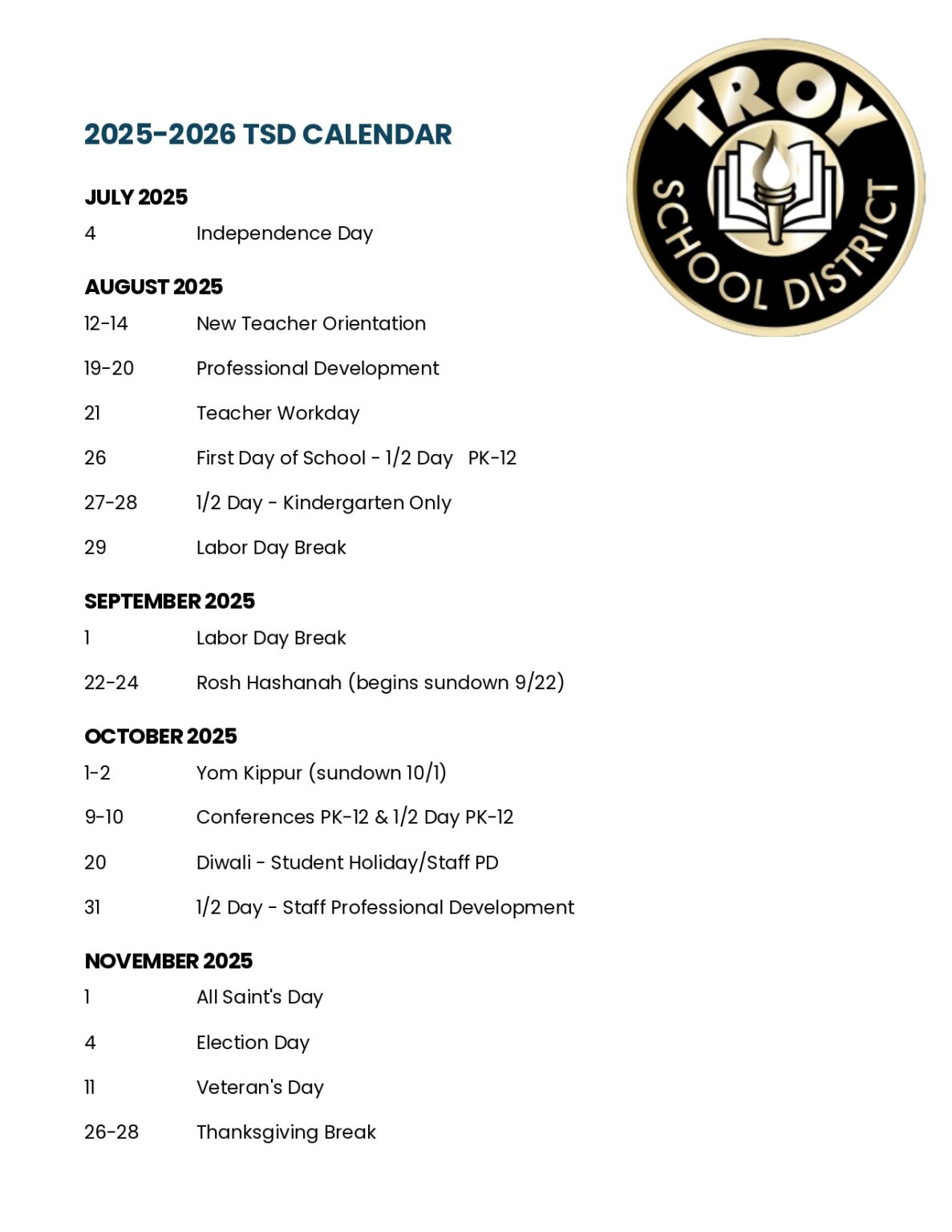 Troy School District MI Calendar 25 26 Revised pdf EduCounty