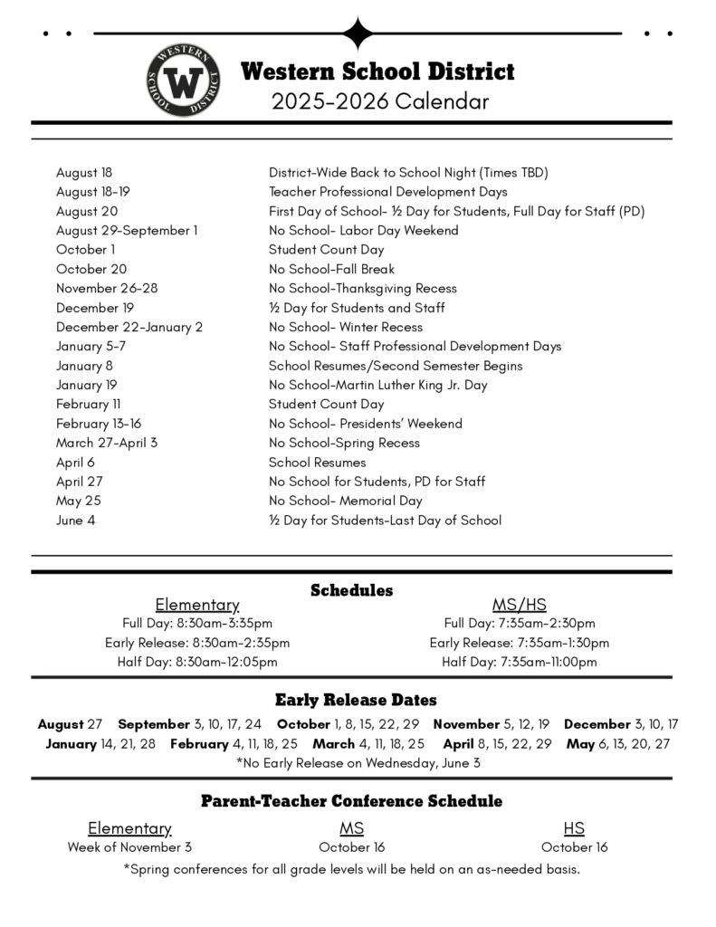 Western School District MI Calendar