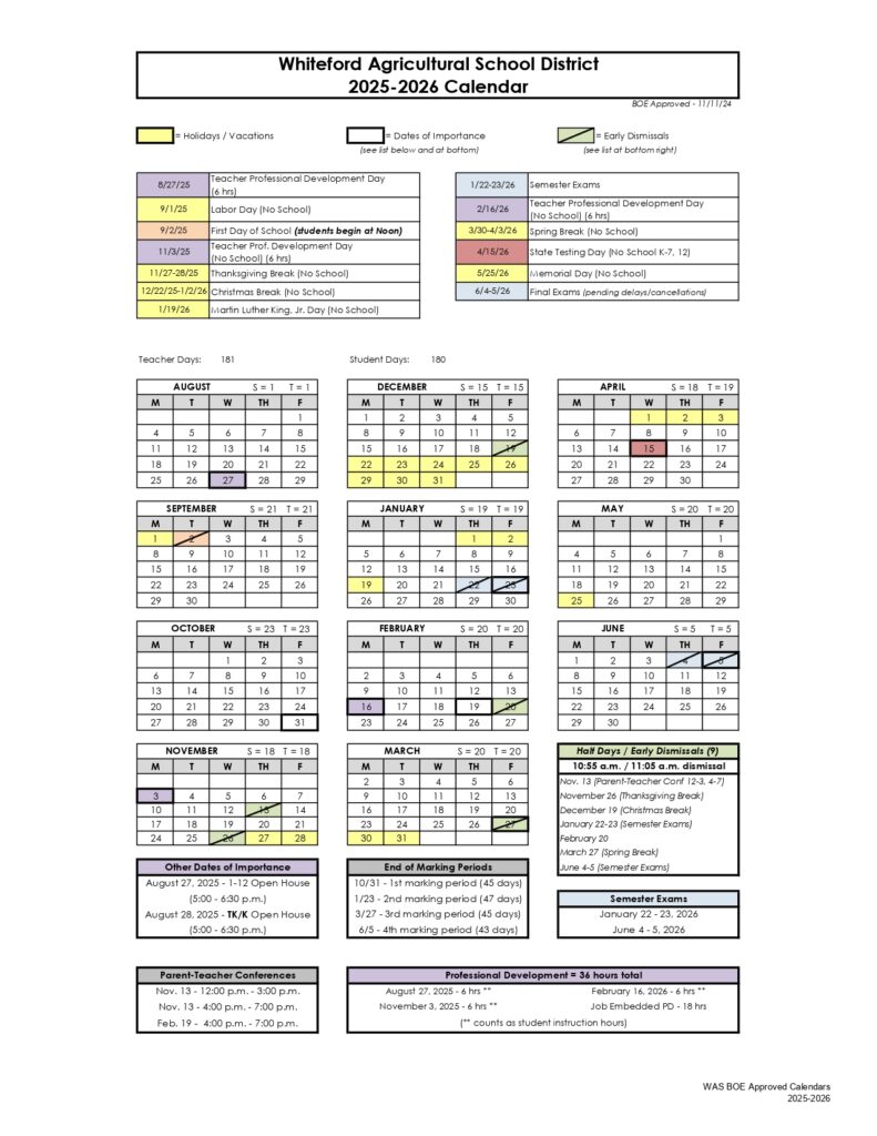 Whiteford Agricultural Schools calendar