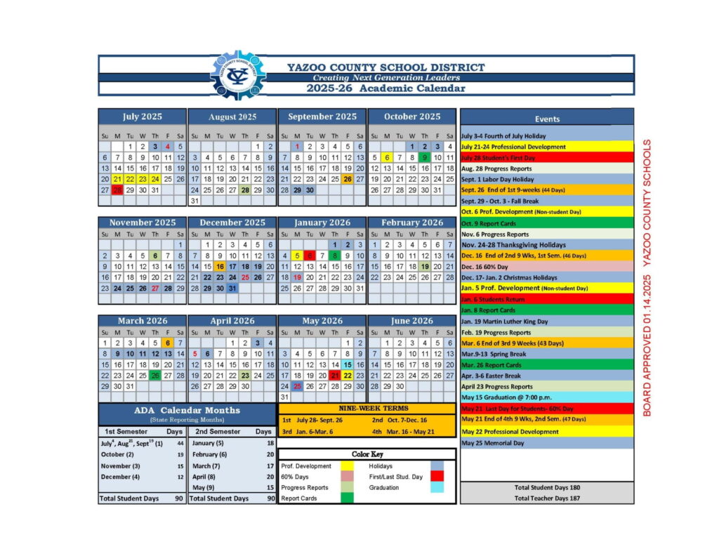 Yazoo County School District calendar