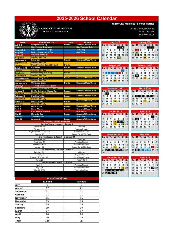 yazoo city school calendar