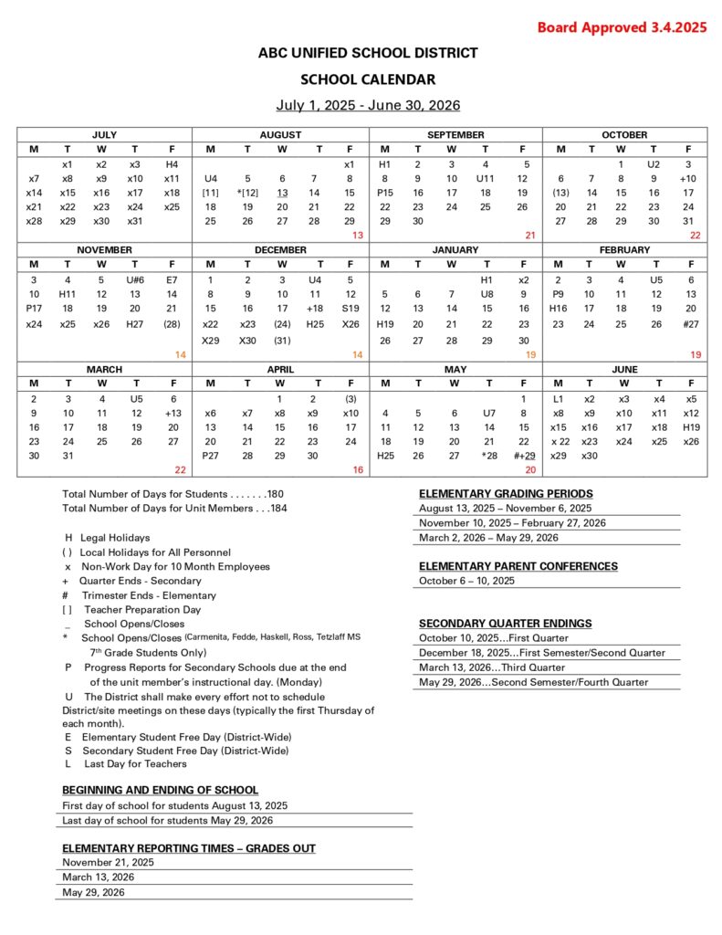 ABC Unified School District calendar