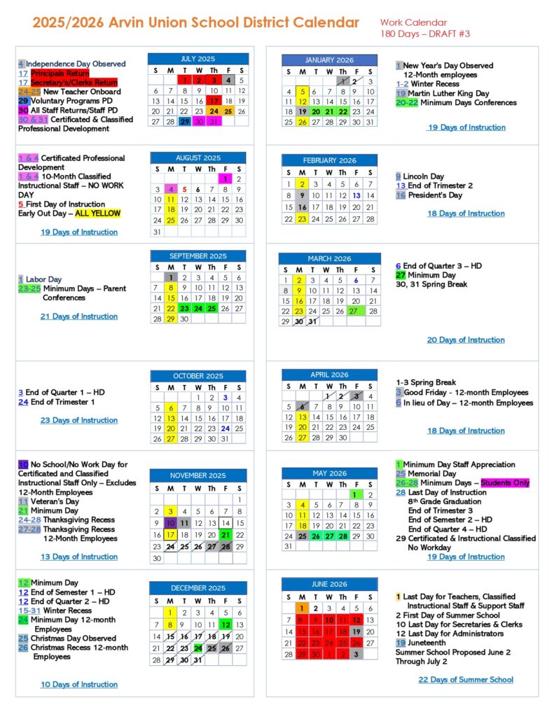Arvin Union School District calendar