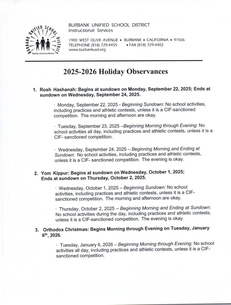 Burbank Unified School District calendar ca