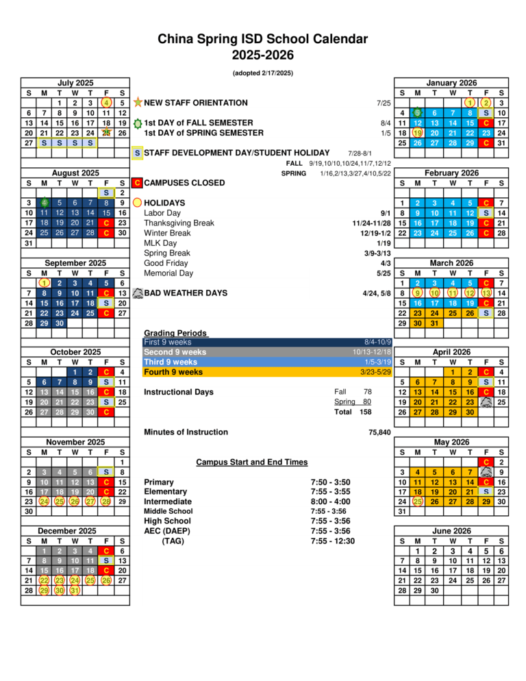 China Spring ISD Calendar 25 26 Revised pdf EduCounty