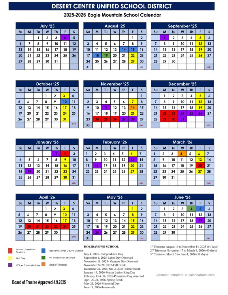 Desert Center Unified School District calendar