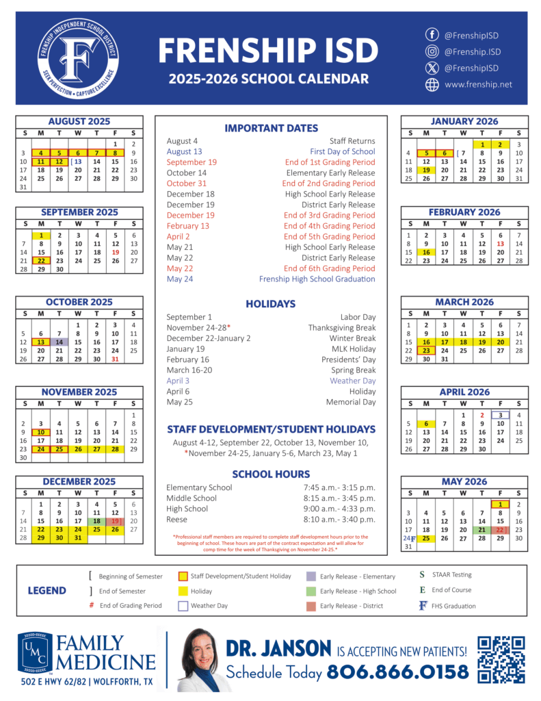 Frenship Independent School District 2025-2026 Calendar