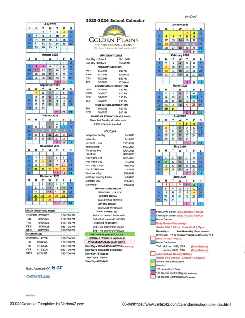 Golden Plains Unified School District calendar