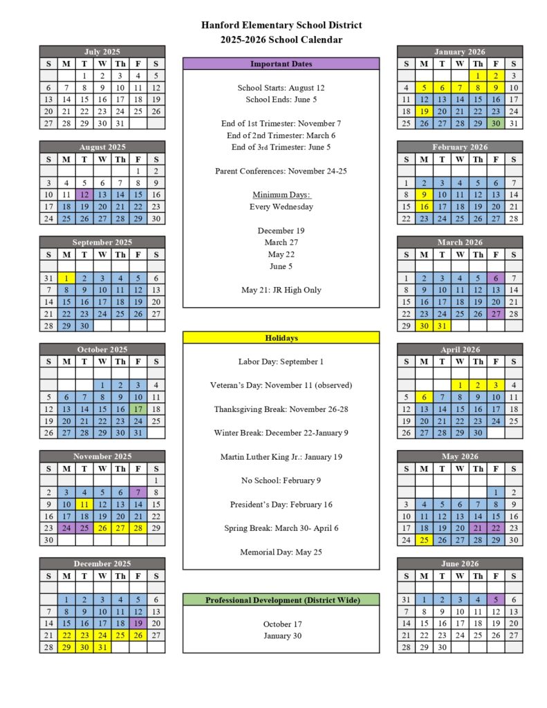 Hanford Elementary School District calendar
