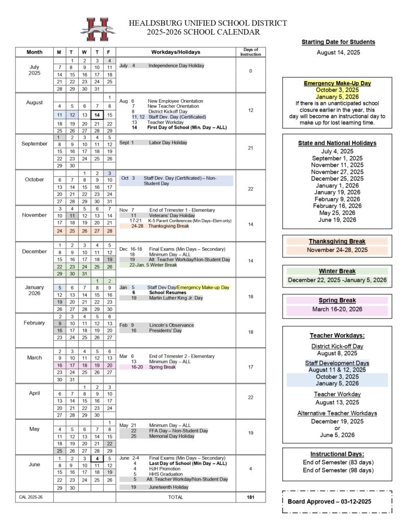 Healdsburg Unified School District calendar