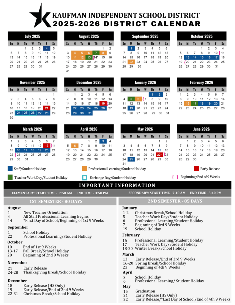 KAUFMAN INDEPENDENT SCHOOL DISTRICT 2025-2026 Calendar