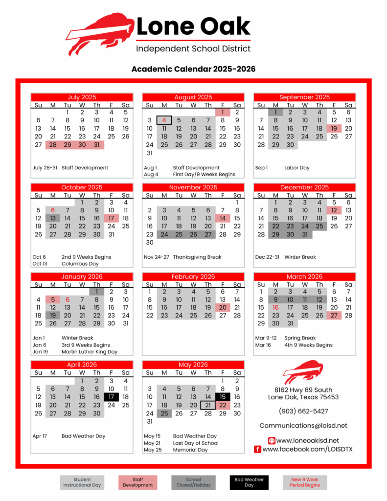 Lone Oak Independent School District Calendar