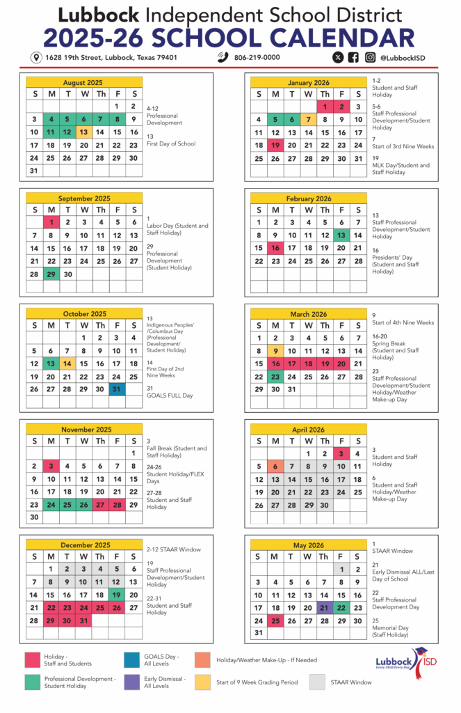 Lubbock Independent School District 2025-2026 Academic Calendar