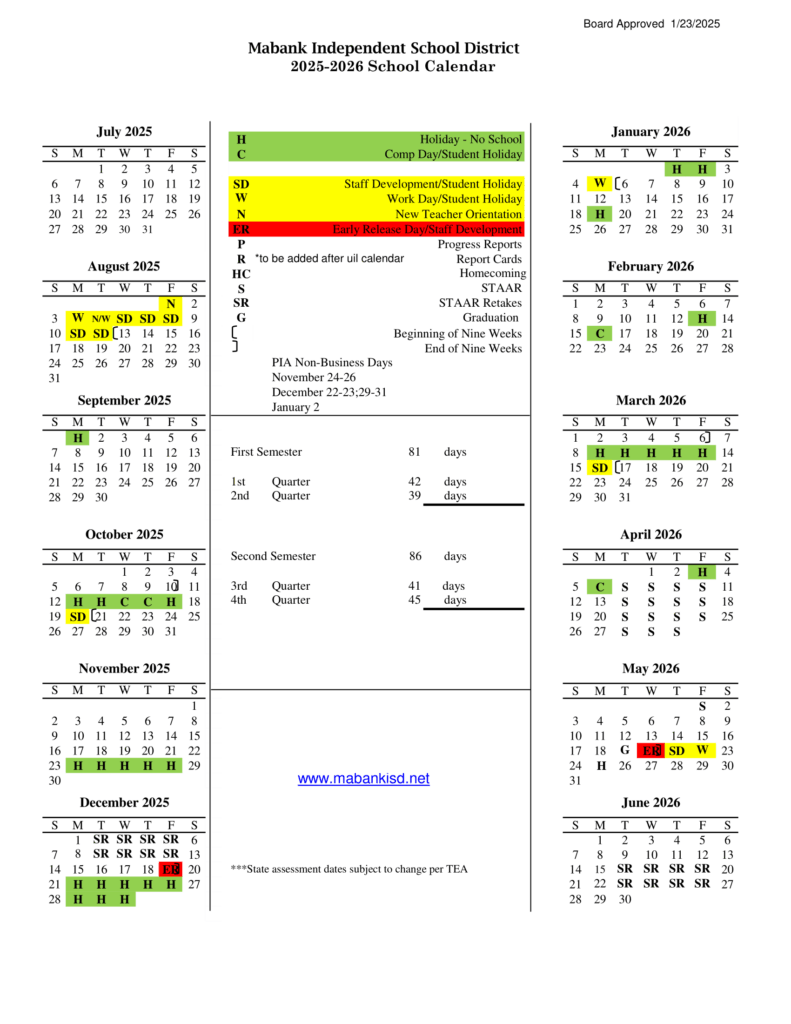 Mabank ISD calendar