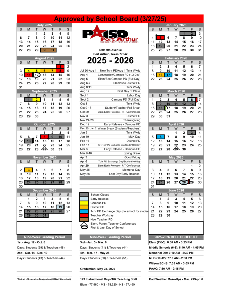 Port Arthur Independent School District calendar