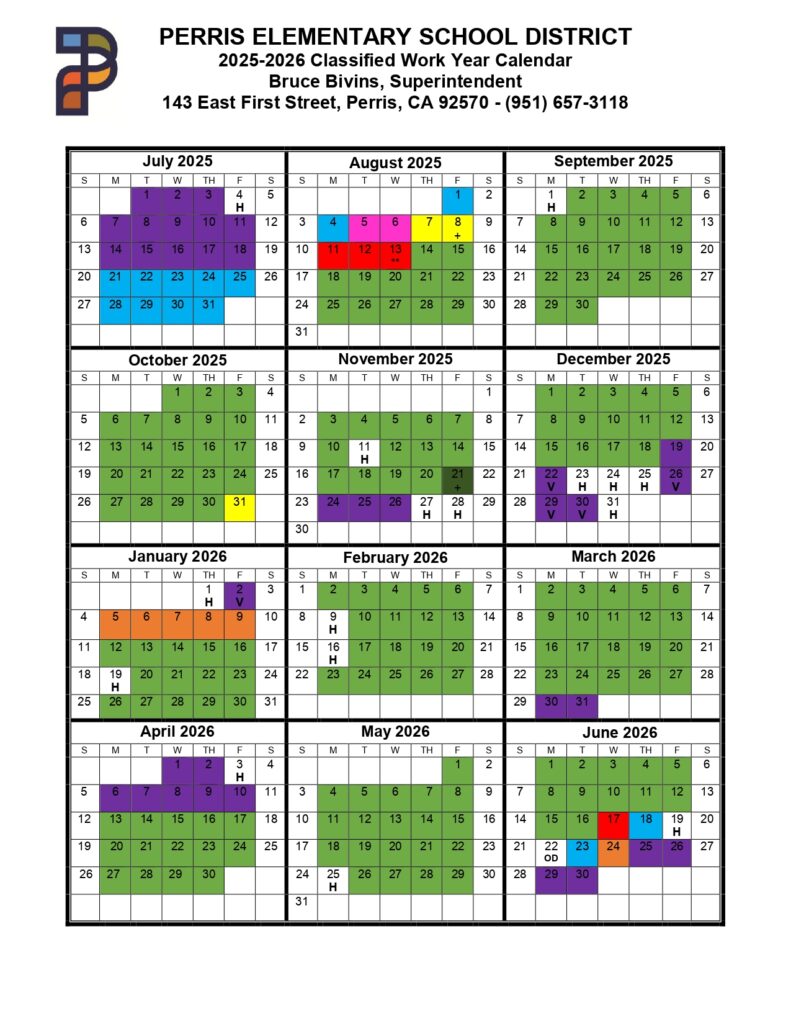 Perris Elementary School calendar