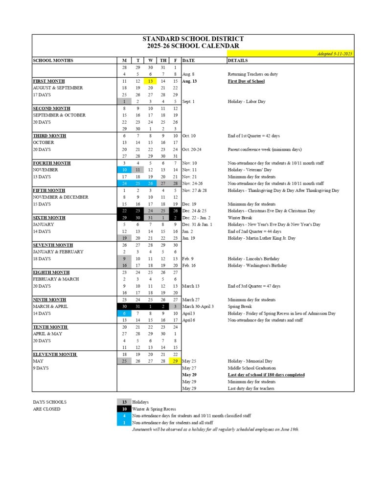 Standard School District calendar