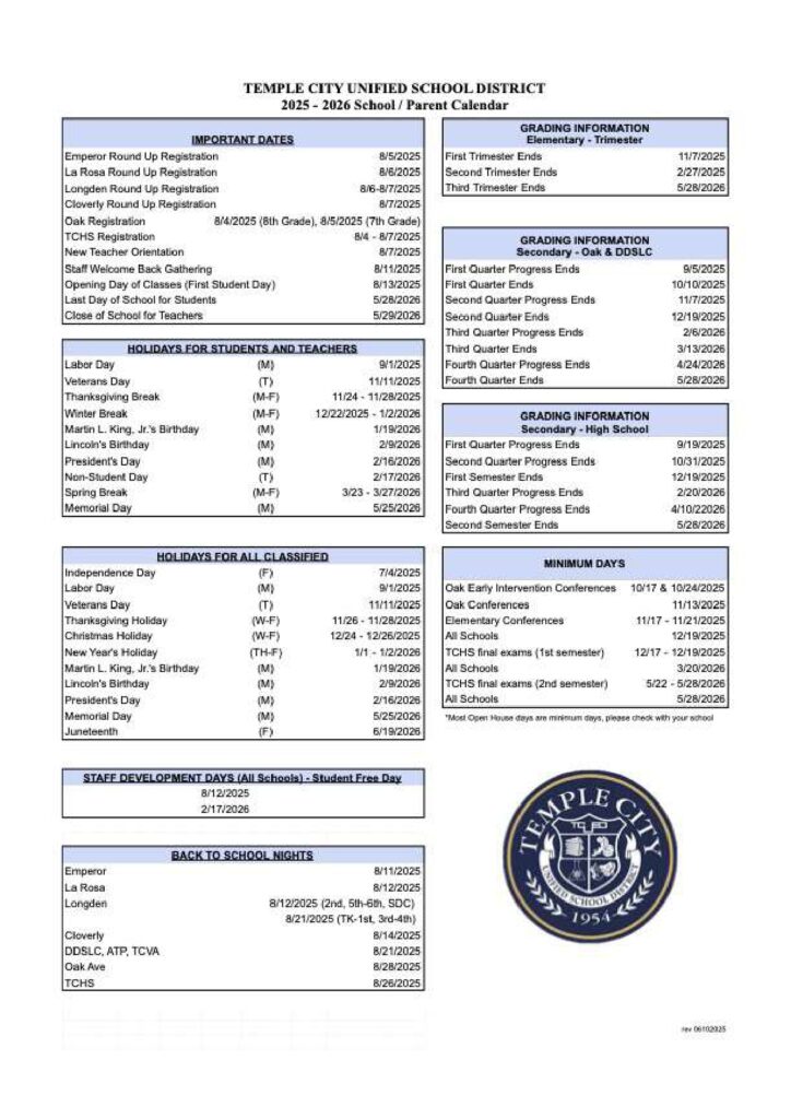 Temple City Unified School District calendar