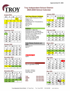 Troy Independent School District 2025-2026 Calendar