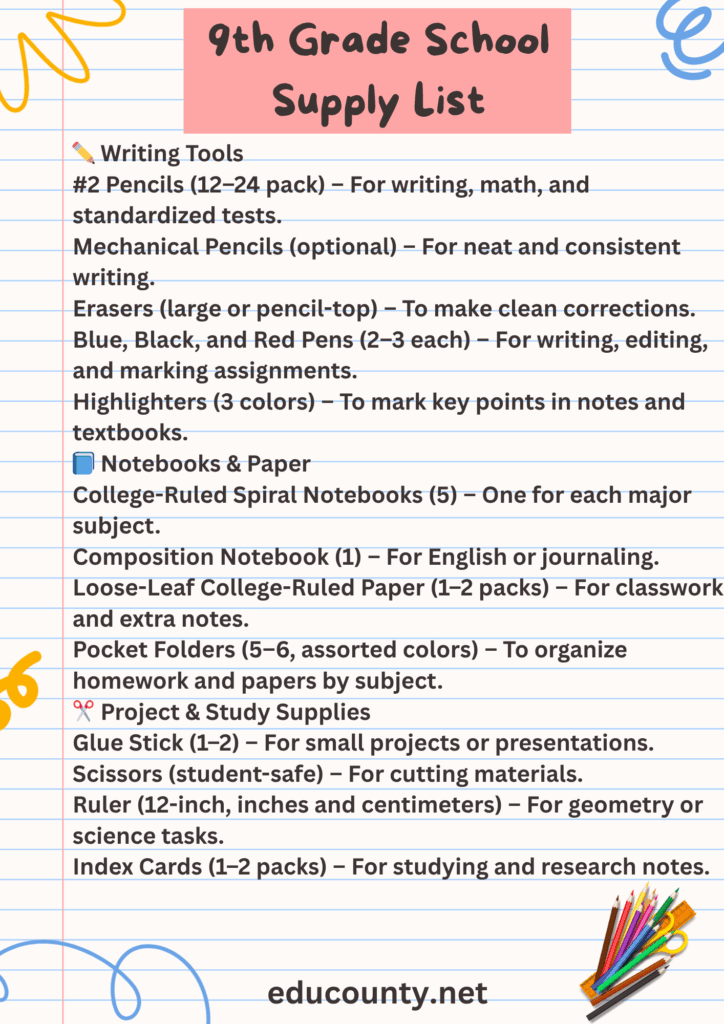 9th Grade School Supply List