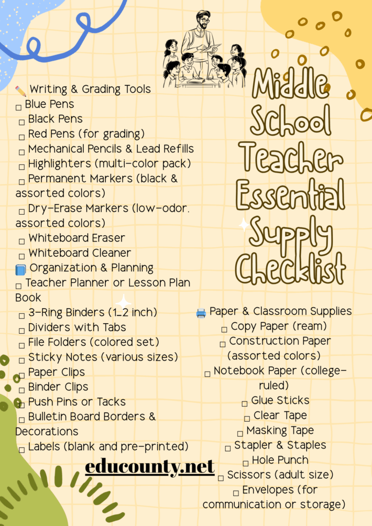 Middle School Teacher Essential Supply Checklist