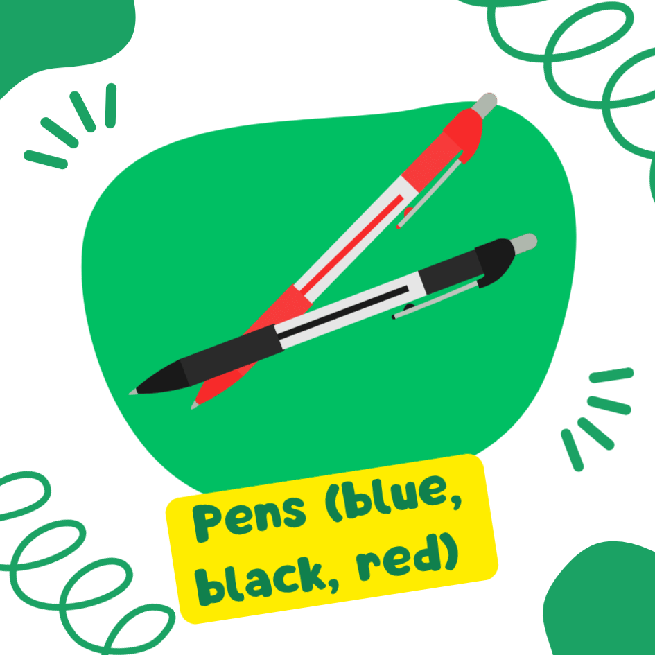 Pens (blue, black, red) – For writing notes, grading, and marking assignments