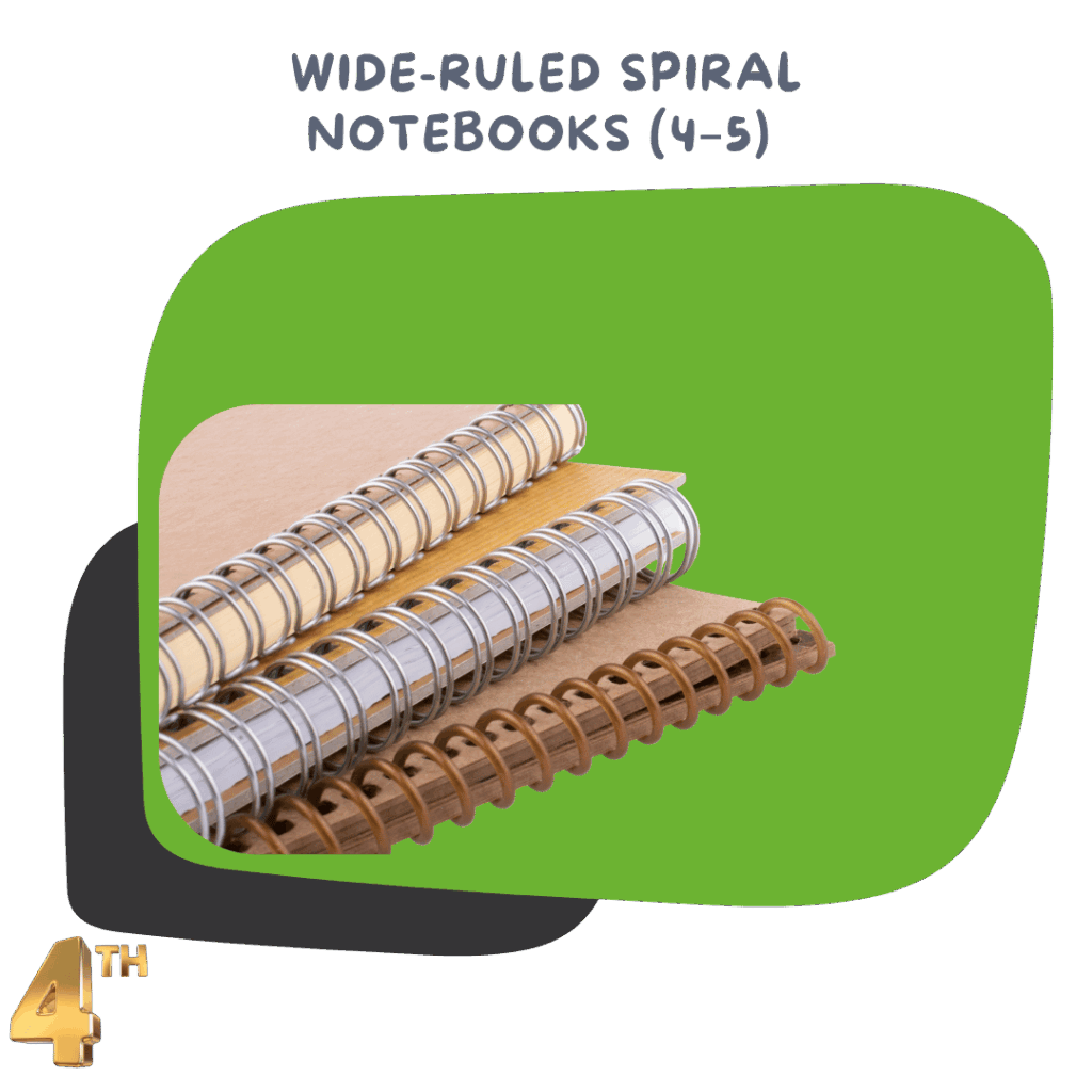 Wide-Ruled Spiral Notebooks (4–5) – One for each main subject