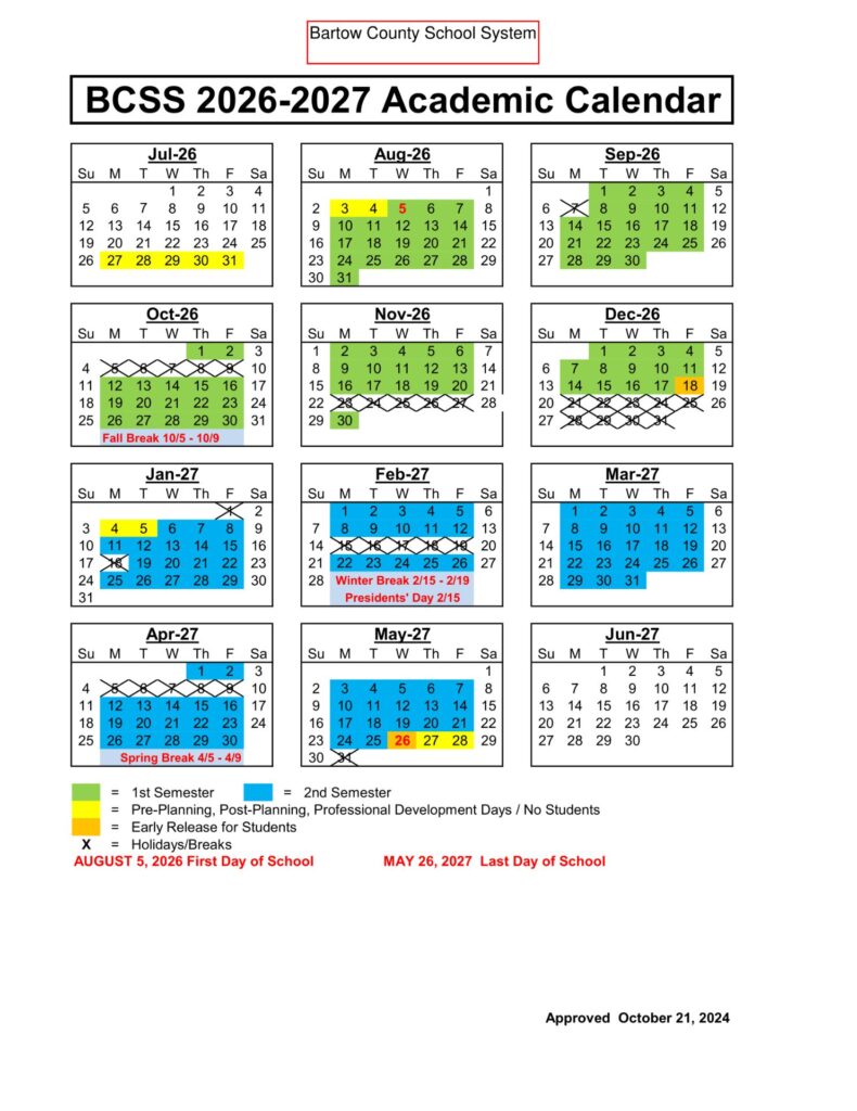 Bartow County School System Calender 2026-27