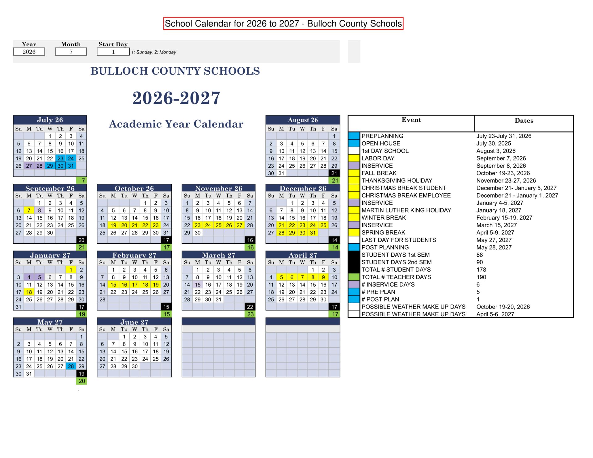 Bulloch County Schools GA Calendar 26-27 Calendar Revised 