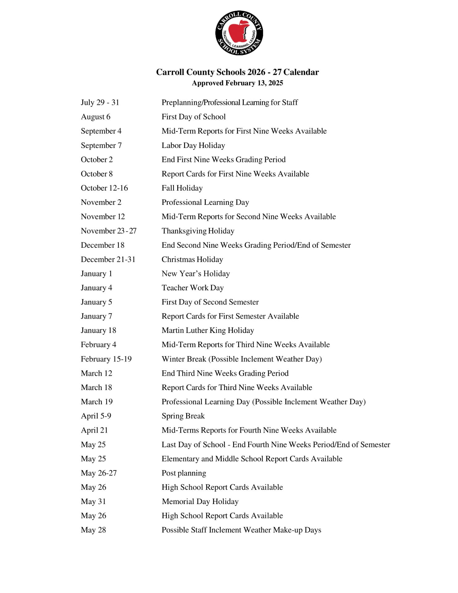 Carroll County Schools GA Calendar 26-27 Calendar (Revised)