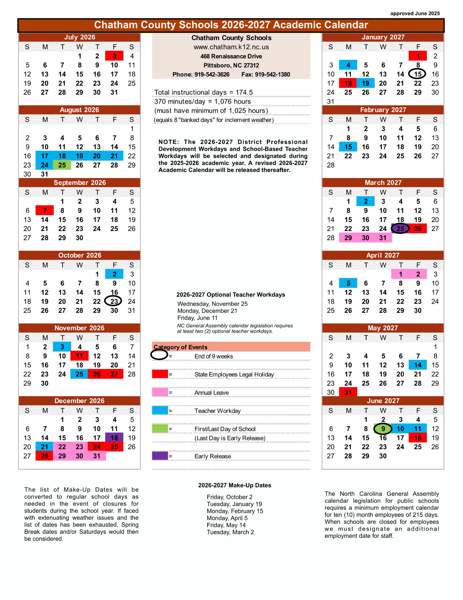 Chatham County Schools GA Calendar 26-27 Calendar (Revised)