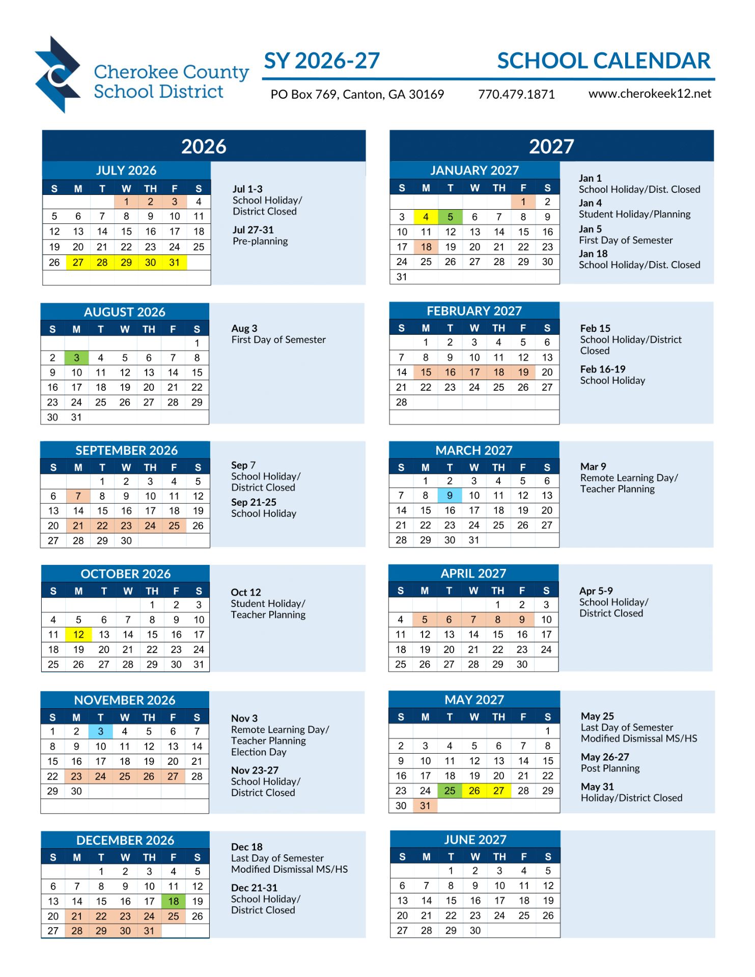 Cherokee County School District GA Calendar 26-27 Calendar (Revised)