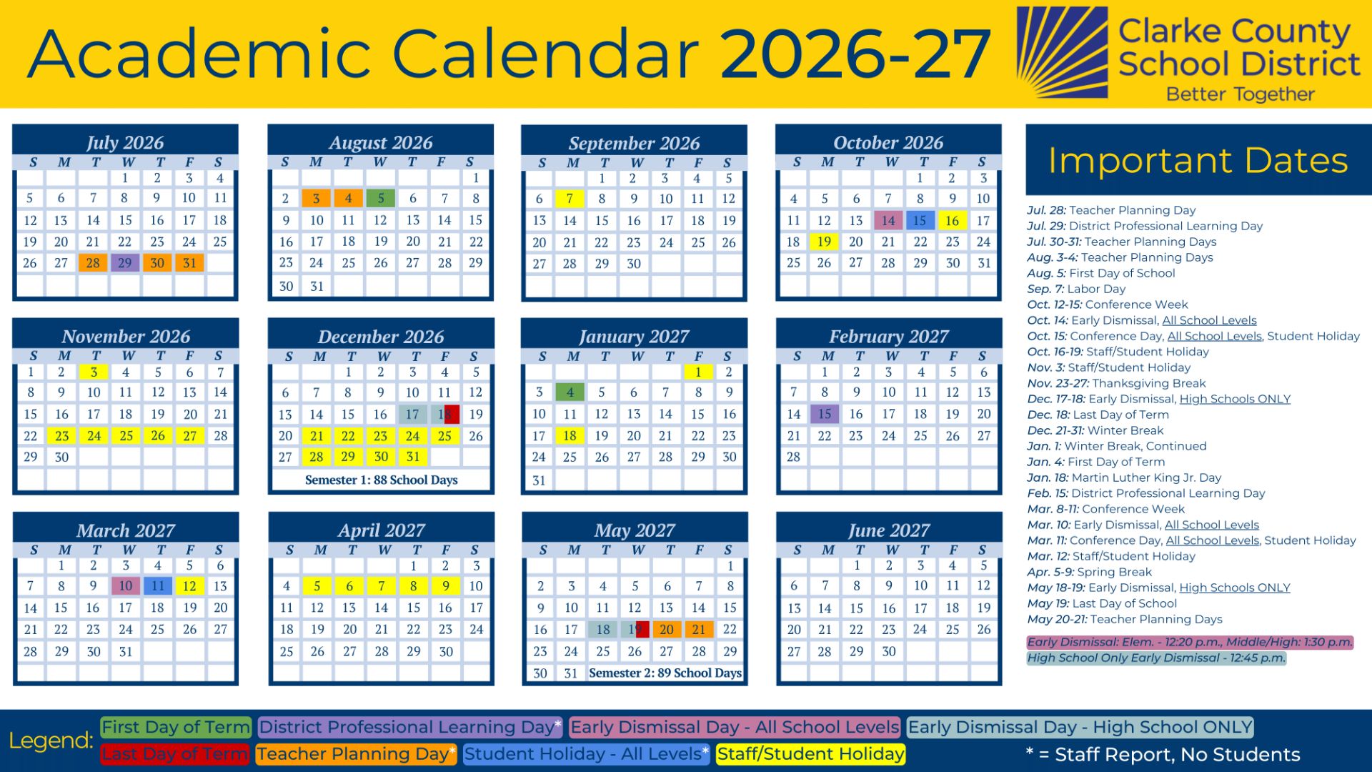 Clarke County School District GA Calendar 2026-27 Calendar Revised 