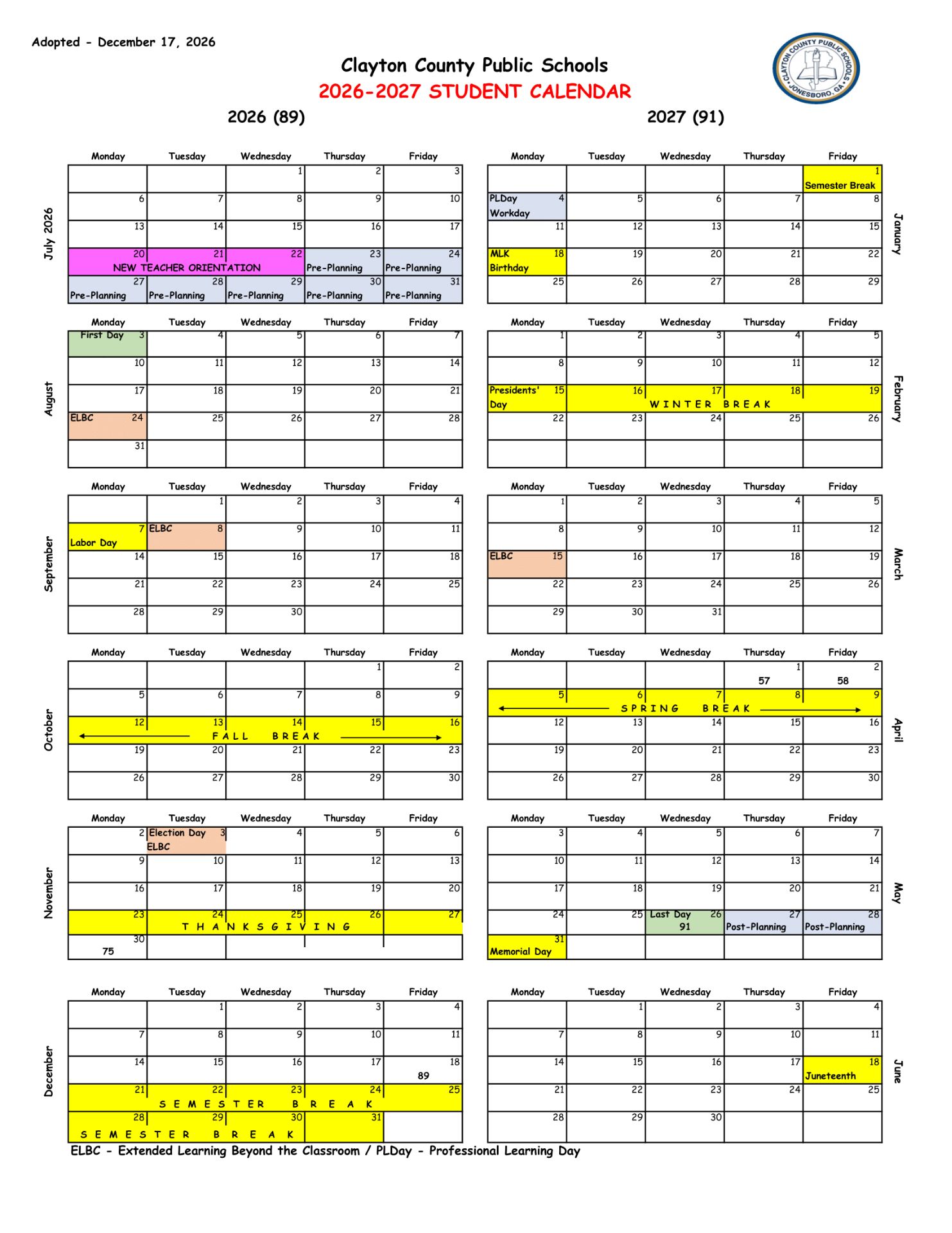 Clayton County Schools GA Calendar 26-27 Calendar Revised 